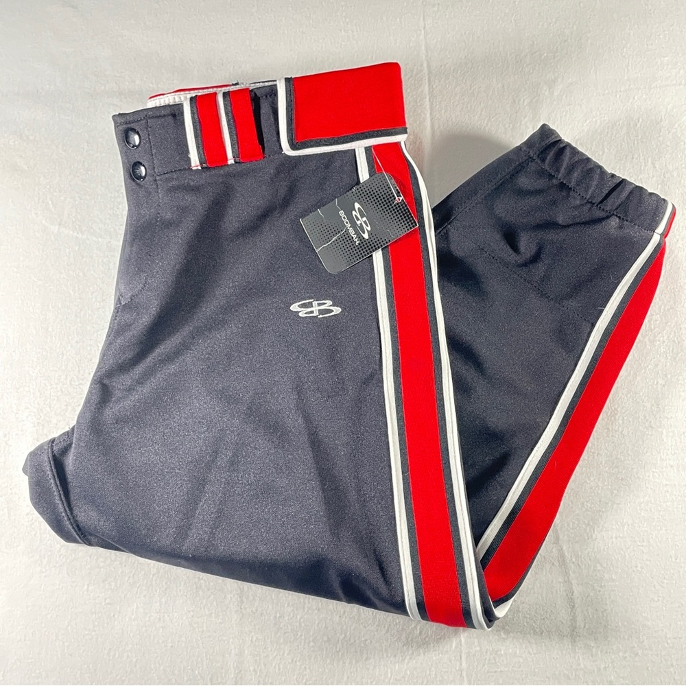 Boombah size 32 Black With Red & Whit Stripes Softball Pants, Brand New With Tag